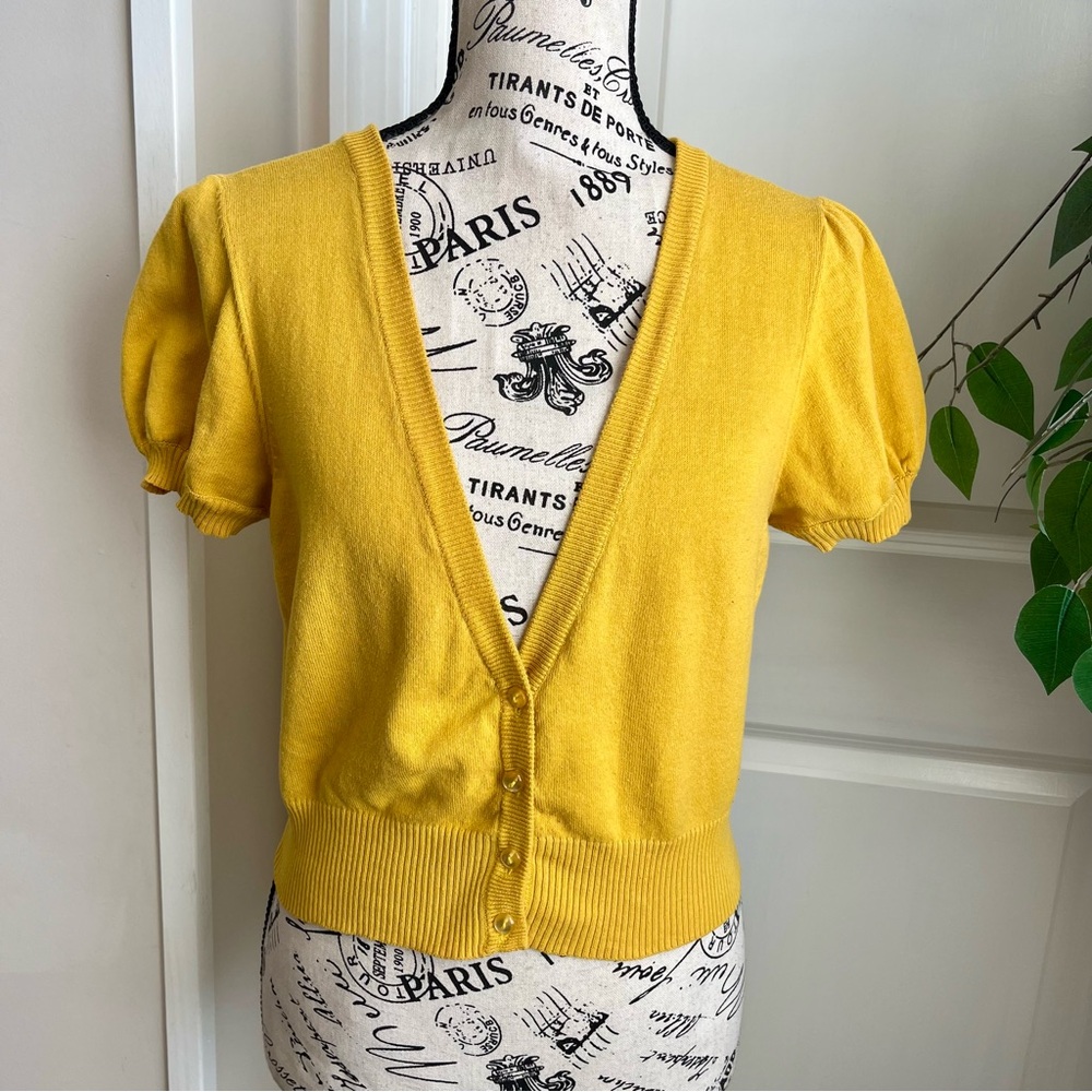 Glimmer by J.J. Basics Y2K Cropped Puff-Sleeve Cardigan Yellow Sz M